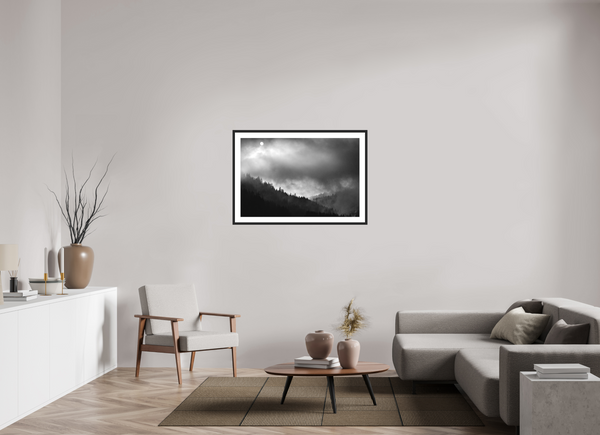 105 x 70 cm, Black Wooden Frame Misty Valley